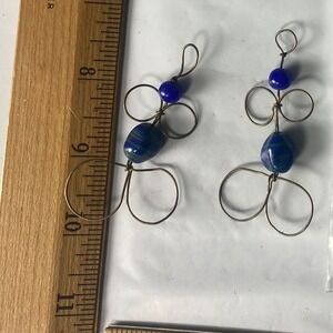 Handmade Blue Beaded Wire‎ Flower Dangle Earrings